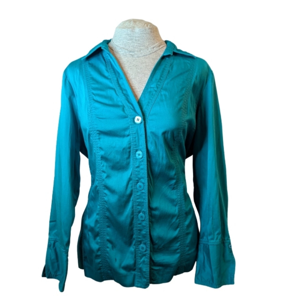 Michel Antoni sz2X stretch cotton turquoise button v-neck blouse VGUC